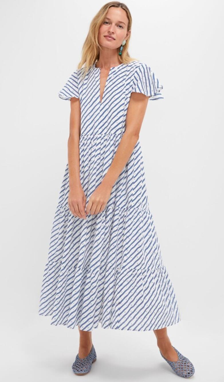 OLIPHANT Tuckernuck V-Neck Flutter Sleeve Maxi Dress Dispy Navy Print